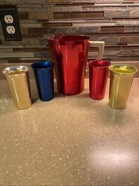 Vintage West Bend Red Metallic Pitcher and Four Assorted Metallic Tumblers